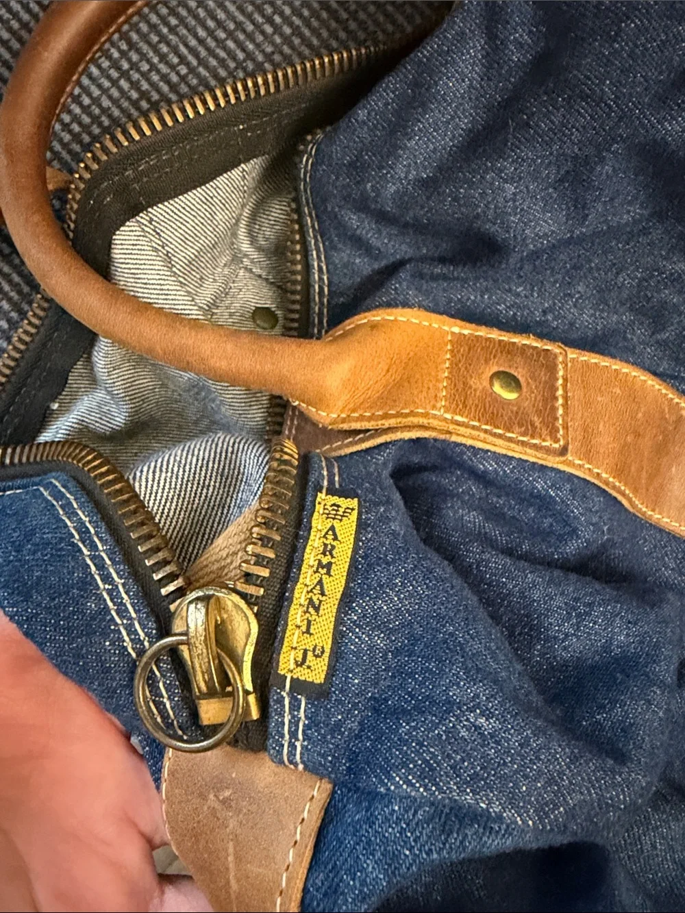 Armani Jeans Blue Denim Duffel with Brown Leather Trim